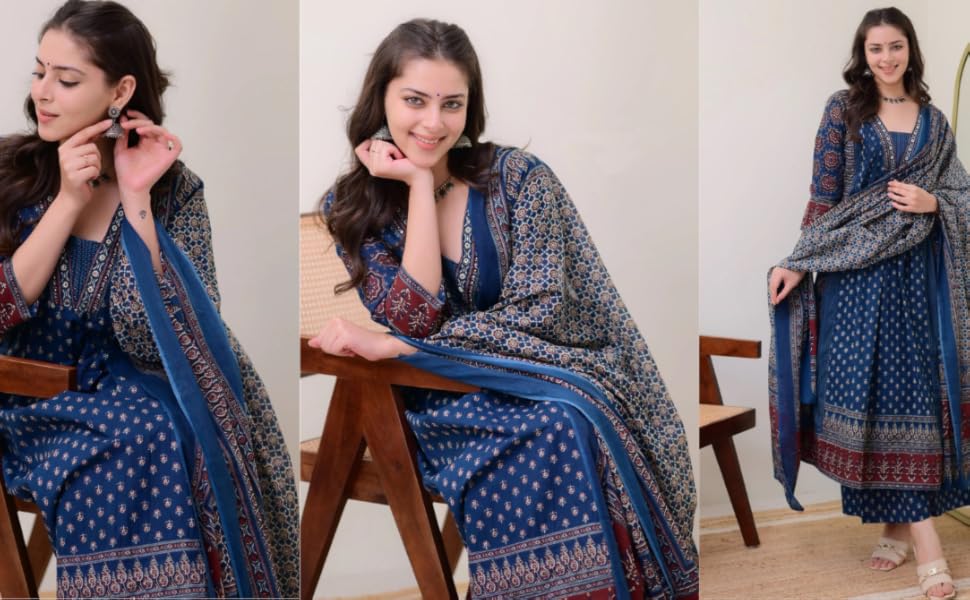 KLOSIA Women Printed Anarkali Kurta and Pant Set with Dupatta